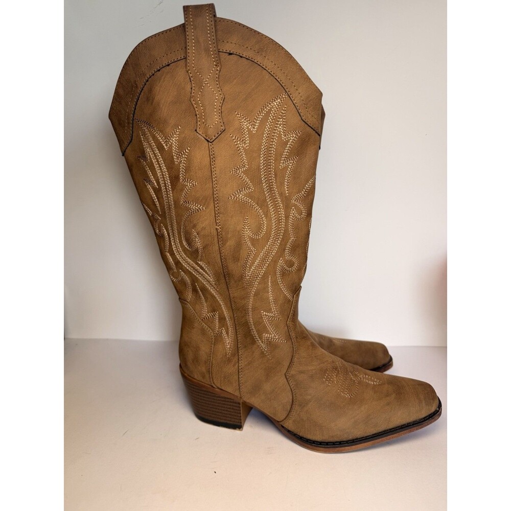 IUV Women's Western Cowboy Boots Brown Embroidered Sz 8 Shaft Mid Heel CB058-BR